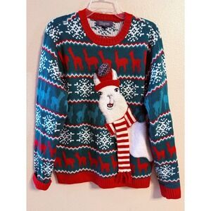 33 Degrees Ugly Christmas Sweater LLAMA Large Teal Red Excellent Llama 3D Scarf
